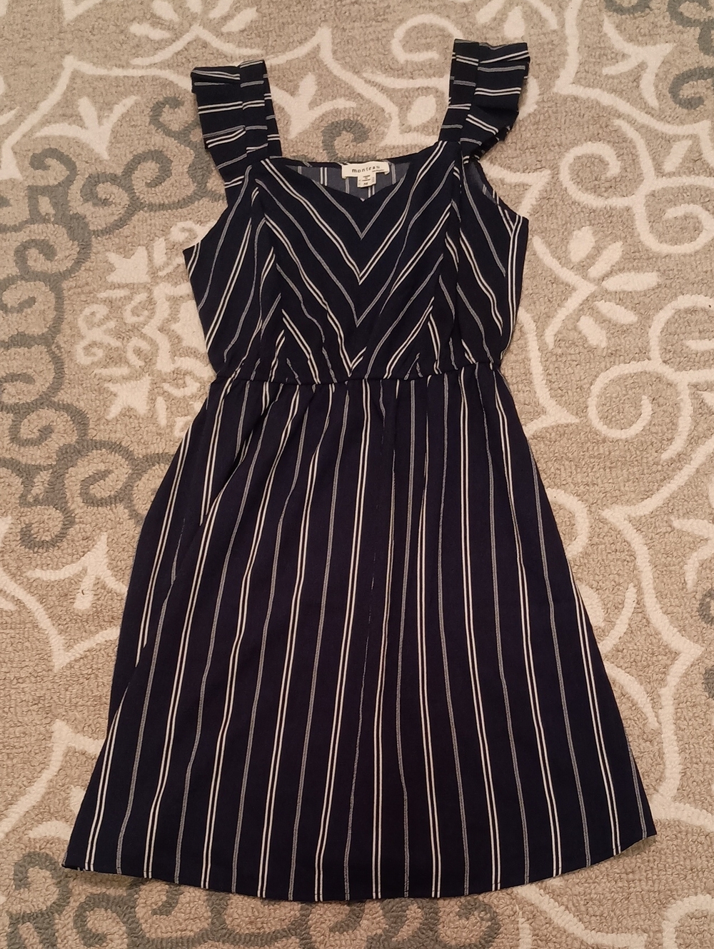 Monteau Navy and White Striped Ruffle-Shoulder Midi Dress